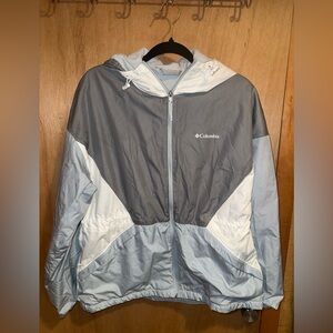 Columbia Light Gray & Pale Blue Hooded Windbreaker -Fleece Lined